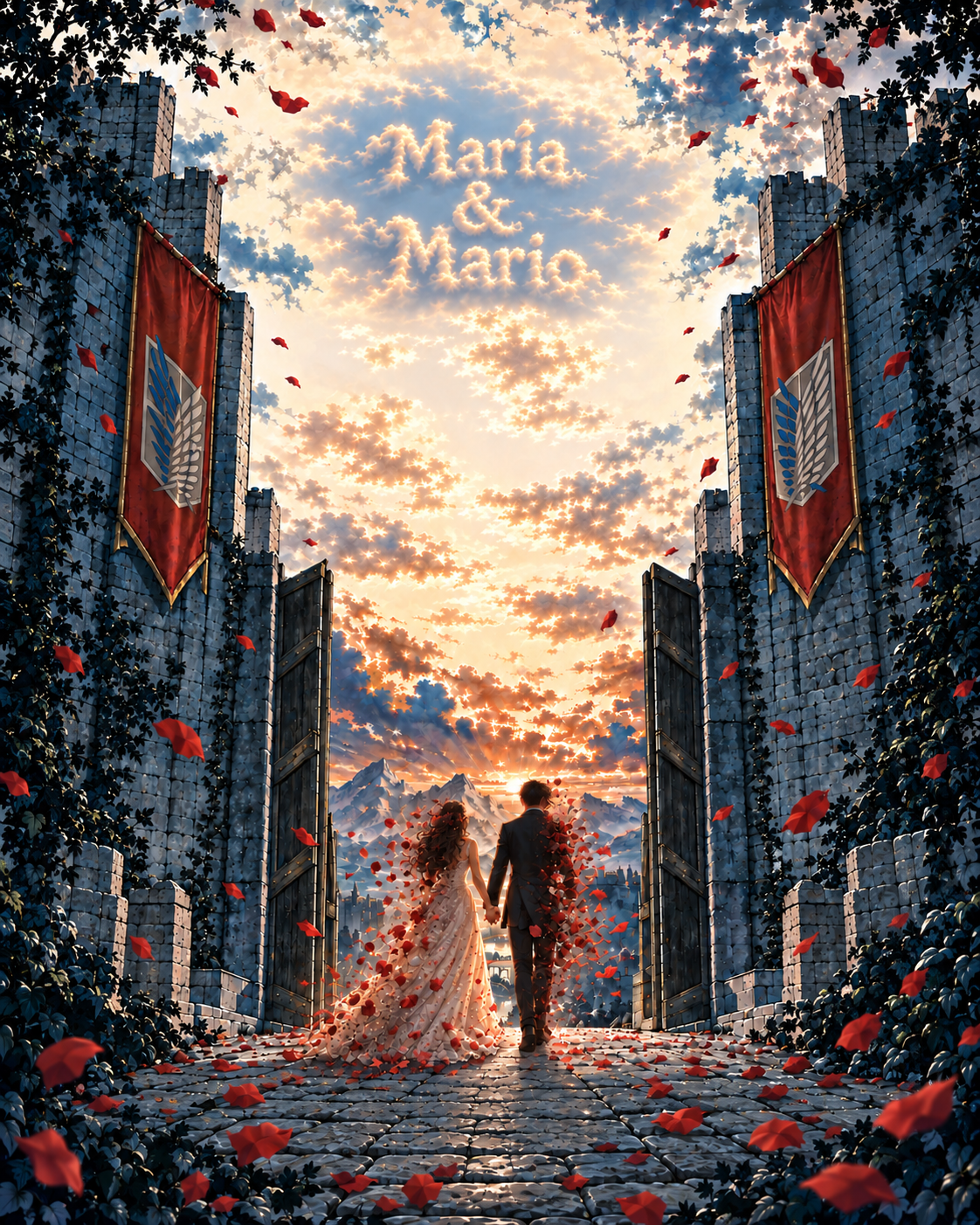 Ilustración de María y Mario de la mano, entre murallas y pétalos bajo un cielo al atardecer